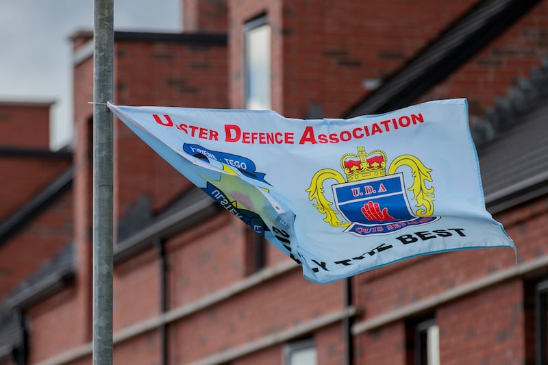 A flag of the Ulster Defence Association (UDA), a loyalist paramilitary group in Northern Ireland, flies on a lamppost near new homes in Annalee Street, north Belfast, September 2nd, 2025. Photograph: Liam McBurney/PA Wire