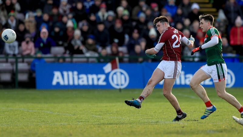 Barry McHugh scores for Galway in the Allianz Football League Division One game against Mayo at Pearse Stadium. Photograph: Donall Farmer/Inpho