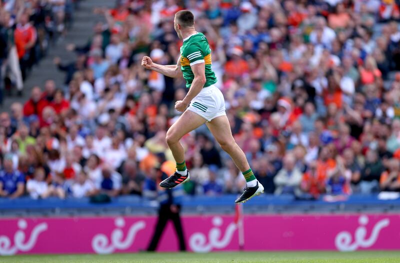 Seán O'Shea celebrates scoring against Tyrone. Photograph: James Crombie/Inpho