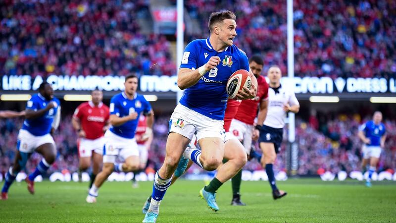 Edoardo Padovani scores a try during Italy’s famous win over Wales. Photograph: Andy Watts/Inpho