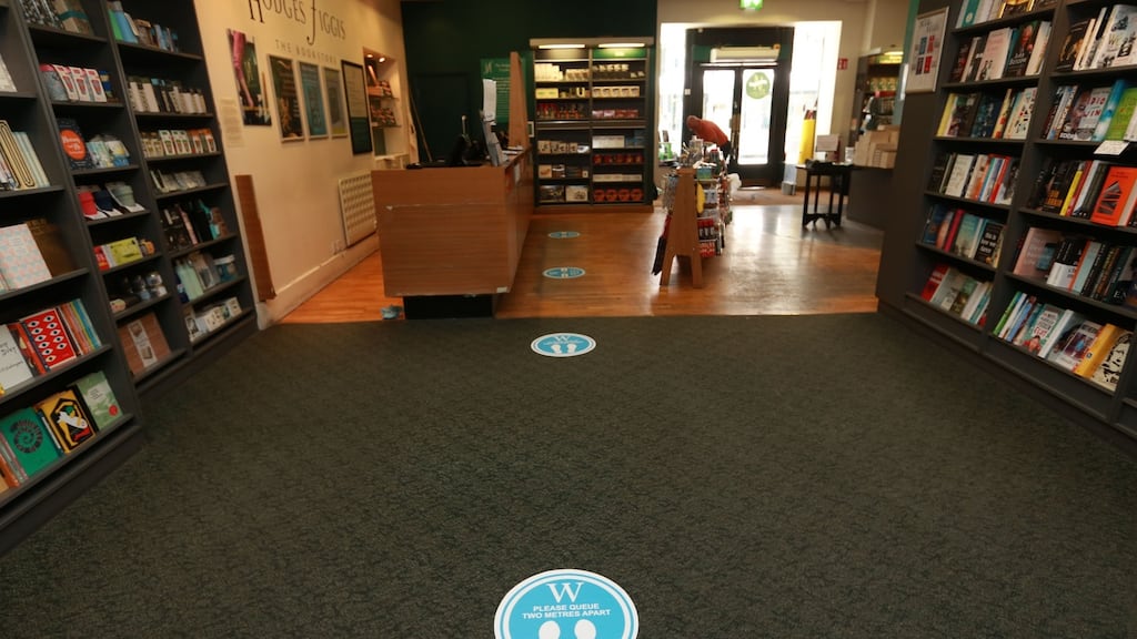 Social distancing measures in place at Hodges Figgis bookshop on Dawson Street in Dublin. Photograph: Laura Hutton