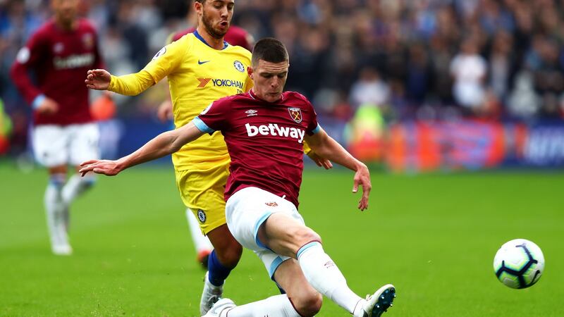 Declan Rice in action for West Ham United against Chelsea. Photograph: Dean Mouhtaropoulos/Getty Images