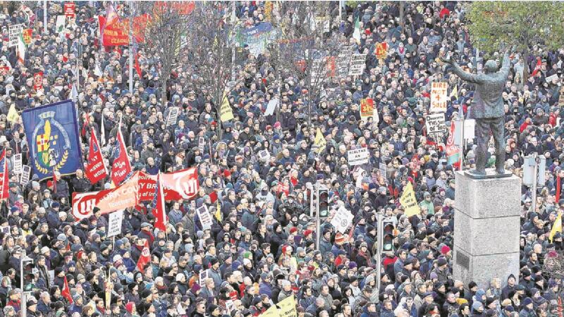 Crowds gather in front of the GPO on O’Connell Street, in Dublin, in November, 2010, as the country entered the final hours of negotiations for emergency EU and IMF loans aimed at preventing the crisis from spreading to Portugal and Spain and threatening the future of the euro. Photographs: Reuters/Cathal McNaughton
