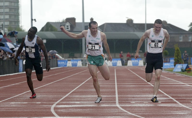Gary Ryan wins the 100m from Paul Hession and Winston Smith (right) of Jamacia in 2004. Photograph: Patrick Bolger/Inpho