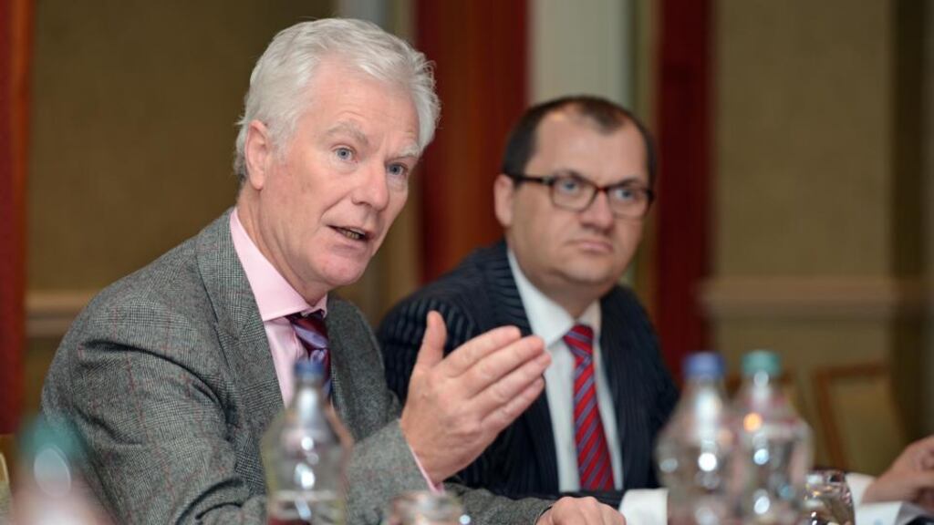 Grafton Group’s outgoing finance director Colm ó Nualláin (left)  and chief executive Gavin Slark.  Photograph: Eric Luke/The Irish Times.