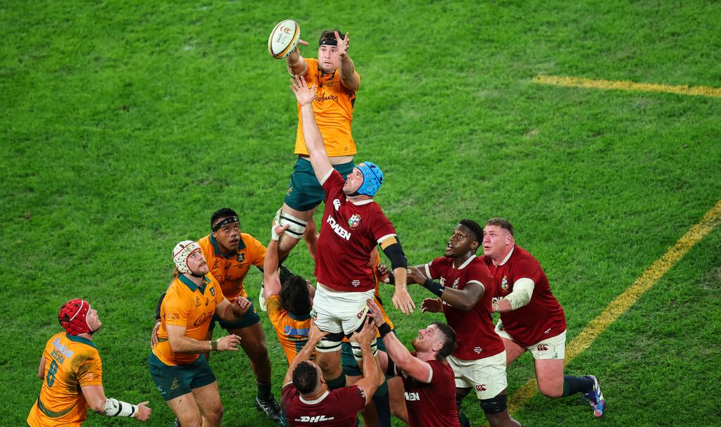 The Lions' Tadhg Beirne and Australia’s Nick Frost compete for a lineout during the first Test at Suncorp Stadium in Brisbane. Photograph: James Crombie/Inpho