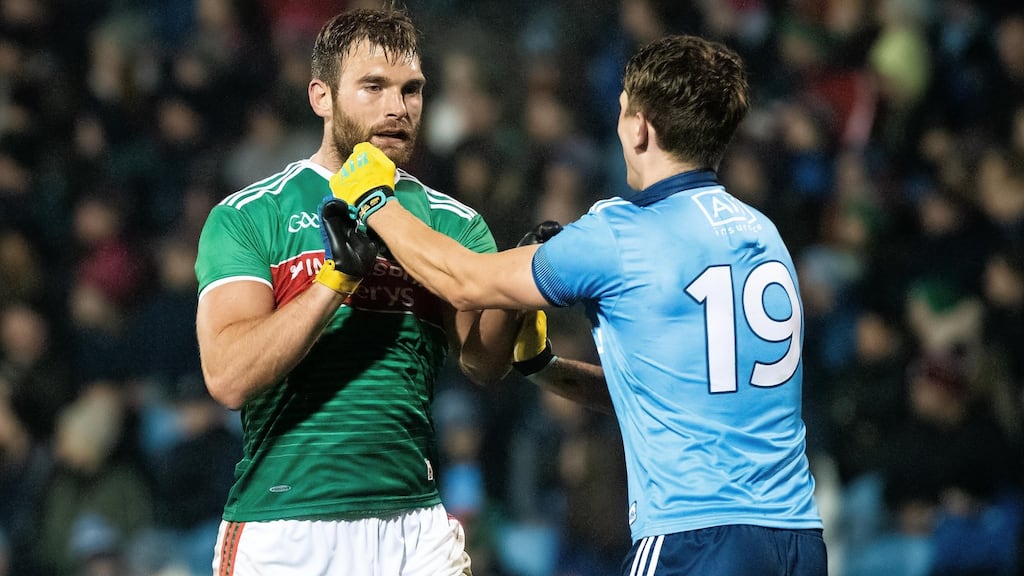 Mayo’s Aidan O’Shea and Dublin’s Michael Fitzsimons in their Allianz Football League Division 1 clash at  Elvery’s MacHale Park, Castlebar, on Saturday. Photograph: Evan Logan/Inpho