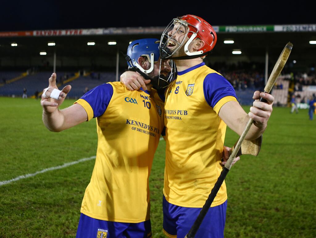 Na Fianna's Brian Ryan and Ciaran Stacey celebrate victory over Loughrea in the All-Ireland senior hurling club championship semi-final at Semple Stadium, Thurles. Photograph: Ken Sutton/Inpho
