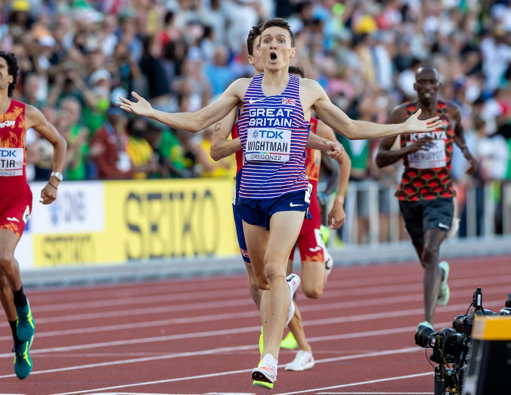 Great Britain’s Jake Wightman reacts to winning the men’s 1500m final. Photograph: Morgan Treacy/Inpho