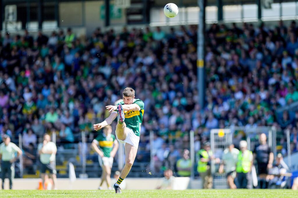 Seán O’Shea scores against Roscommon. He is now one of Kerry’s top three championship scorers of all time. Photograph: Laszlo Geczo/Inpho