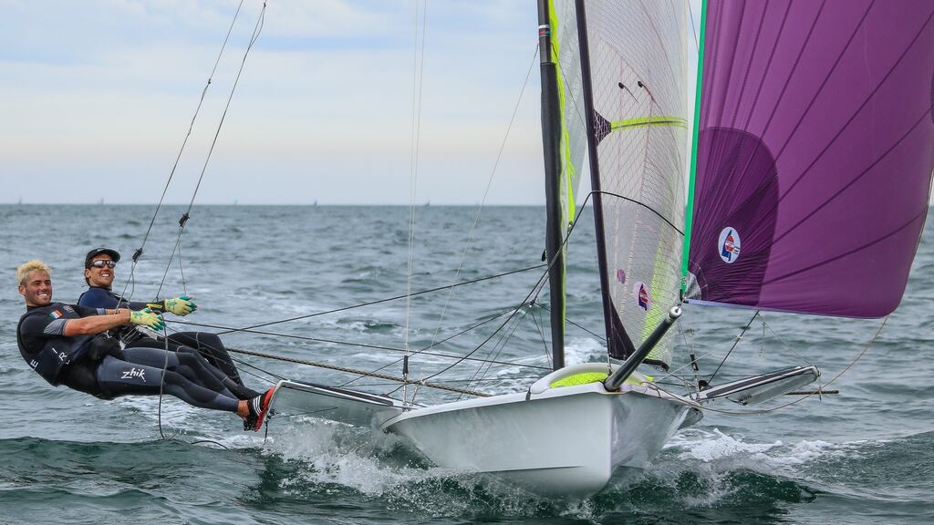 Seafra Guilfoyle (left) and Ryan Seaton are one of two Irish skiff teams contesting the 49er World Championships in New Zealand next month where a Tokyo Olympic berth for Ireland is available. Photograph: David O’Brien