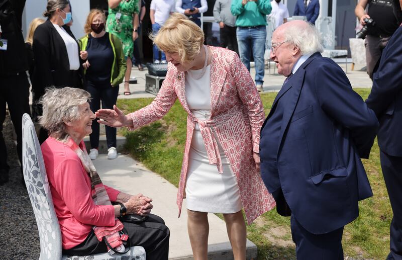 Gillian Hussey with President Michael D Higgins and his wife Sabina at the opening of Carraig Eden addiction rehabilitation centre run by the Tiglin charity in Greystones, Co Wicklow in June 2021. Photograph: Dara Mac Dónaill/The Irish Times