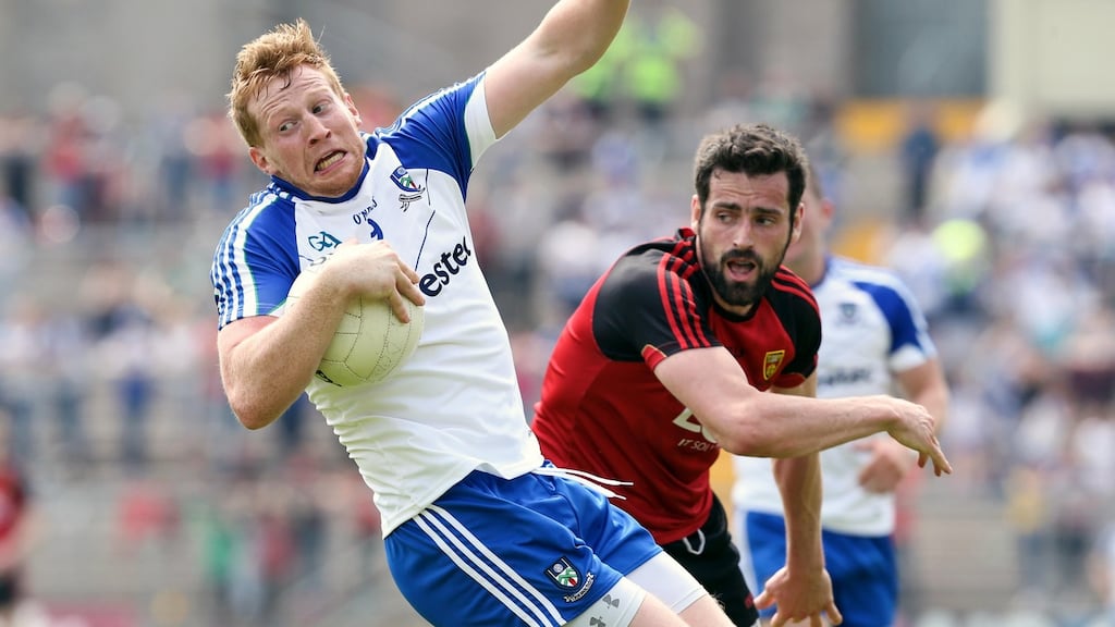 Monaghan’s Kieran Hughes was a constant threat when in the danger area against Down last weekend. Photograph: Andrew Paton/Inpho.