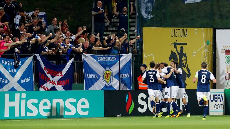 Scotland celebrate Stuart Armstrong’s opener against Lithuania. Photograph: Ints Kalnins/Reuters