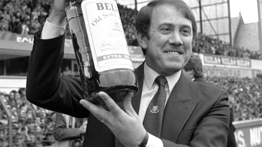 Former Everton player and manager Howard Kendall with his Bell’s Manager of the Year Award in 1985 at Goodison Park after his team’s title triumph. Photograph: PA Wire.