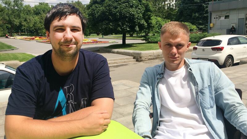 Pavlo Novyk (left) and Yevhen Lisichkin of the Kharkiv anti-corruption centre in eastern Ukraine. Lisichkin has been beaten up for investigating graft. Photograph: Daniel McLaughlin