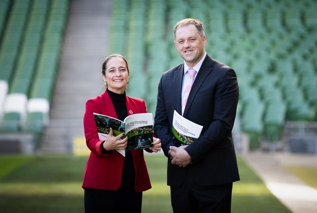 Minister for Sport Catherine Martin and Minister of State for Sport Thomas Byrne at the launch of Ireland’s national strategy for hosting major international sporting events at the Aviva Stadium on Thursday. Photograph: Tom Maher/Inpho