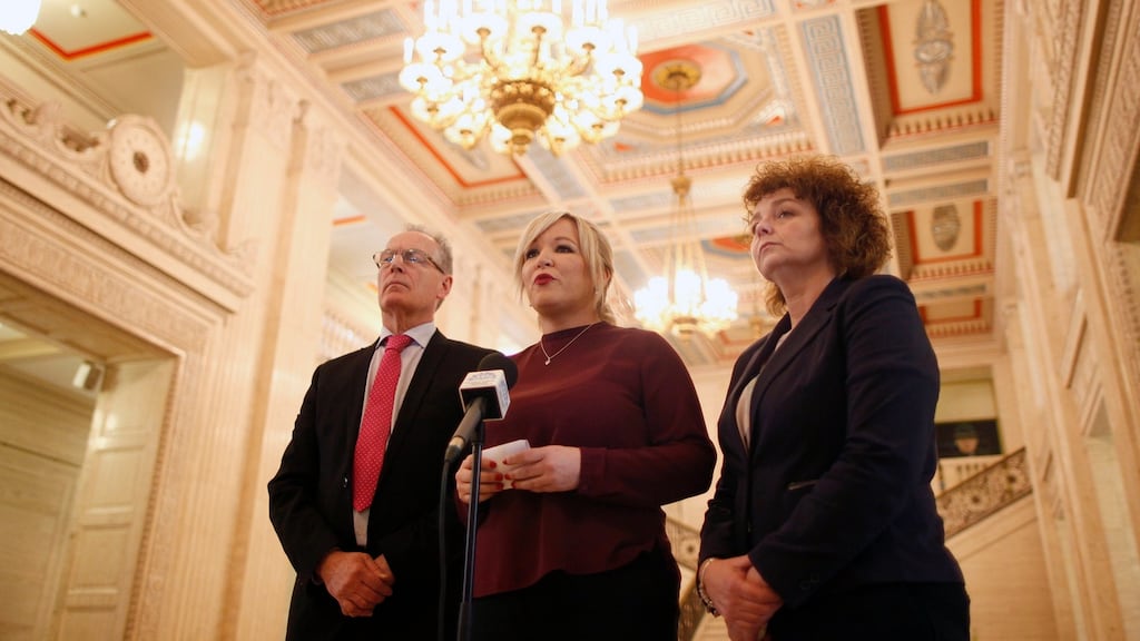 Sinn Fein’s Michelle O’Neill, Gerry Kelly, and Caral Ni Chuilin during a press conference at the Parliament Buildings, Stormont, Belfast, as formal talks to restore Northern Ireland powersharing have been paused until after the General Election. Photograph: Peter Morrison/PA Wire