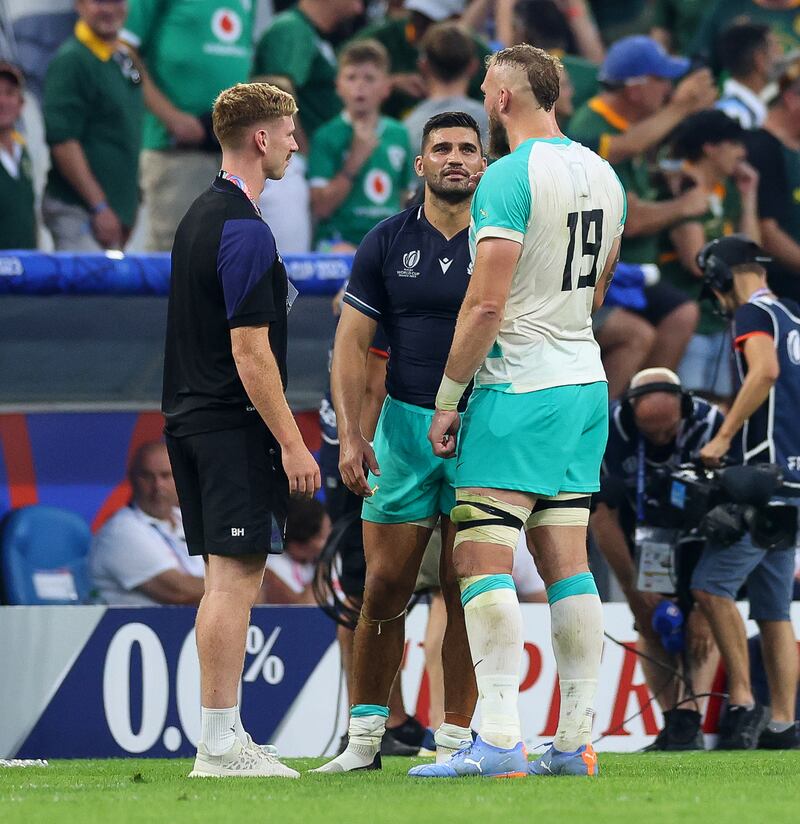 Scotland’s Ben Healy with Damian de Allende and RG Snyman of South Africa after the countries' met earlier in the tournament. Photograph: James Crombie/Inpho