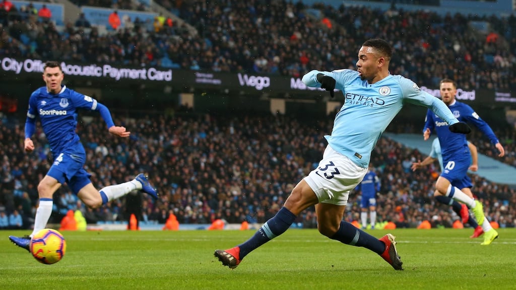 Gabriel Jesus opens the scoring for Manchester City against Everton. Photograph: Alex Livesey/Getty