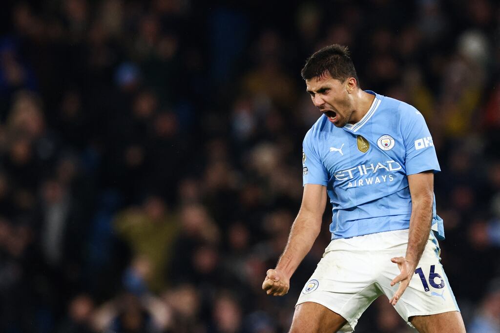 Manchester City's midfielder Rodri celebrates after scoring. Photograph: Darren Staples/AFP via Getty