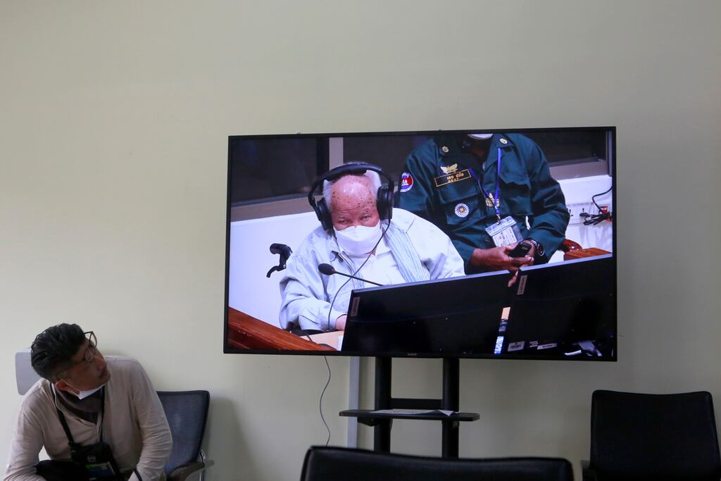 Former Khmer Rouge leader Khieu Samphan (91) appears on a screen at the Extraordinary Chambers in the Courts of Cambodia in Phnom Penh, Cambodia, on September 22nd, 2022. Photograph: EPA