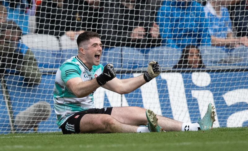 Derry's Odhran Lynch celebrates after saving a penalty against Dublin in the league final win. Photograph: Leah Scholes/Inpho