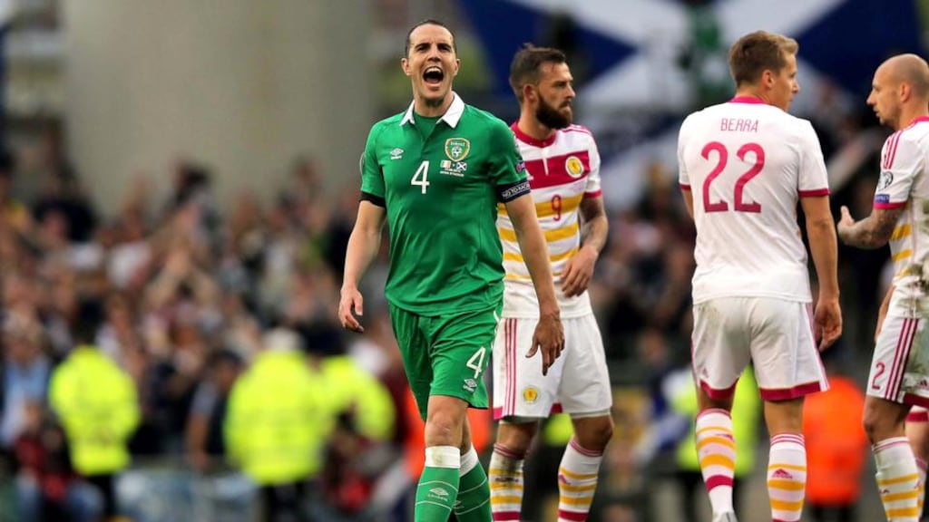 Republic of Ireland defender John O’Shea at the final whistle of the Euro 2016 qualifying game against Scotland at the Aviva Stadium on Saturday. Photograph: Donall Farmer/Inpho.