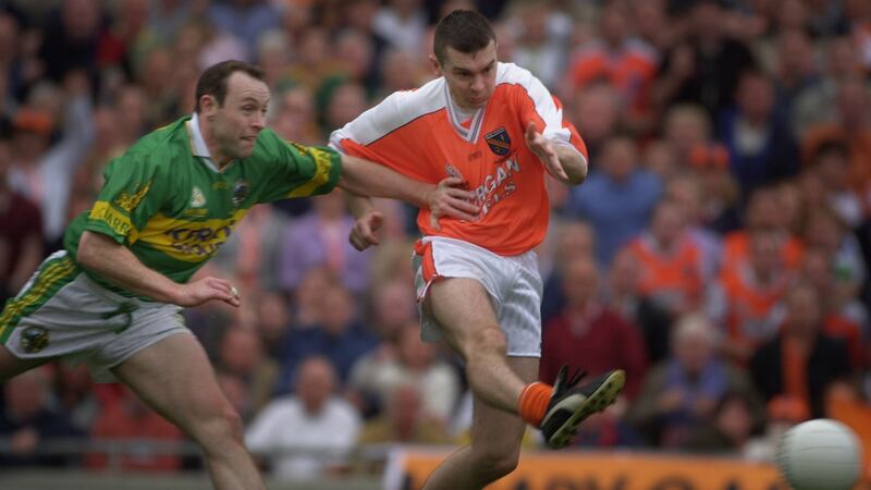Oisín McConville in action for Armagh against Kerry  in 2002. The All-Ireland winner entered treatment for gambling addiction three years later. Photograph: Dara Mac Dónaill/The Irish Times