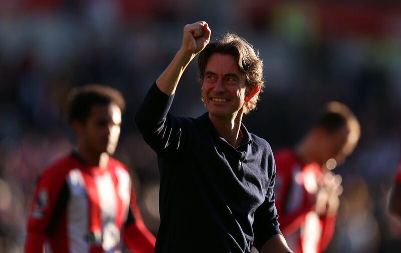 Brentford manager Thomas Frank celebrates after his team beat Wolves 5-3 at the Gtech Community Stadium in London. Photograph: Steven Paston/PA