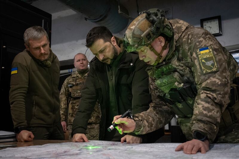 Ukrainian president Volodymyr Zelenskiy and Col Gen Oleksandr Syrskyi during a visit to the front line city of Kupiansk in the Kharkiv region. Photograph: Efrem Lukatsky/AP