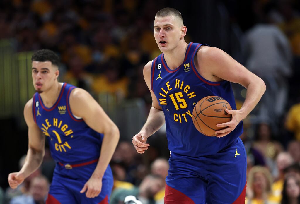 Nikola Jokic dribbles the ball during the second quarter against the Miami Heat in Game One of the 2023 NBA Finals at Ball Arena in Denver, Colorado. Photograph: Matthew Stockman/Getty Images