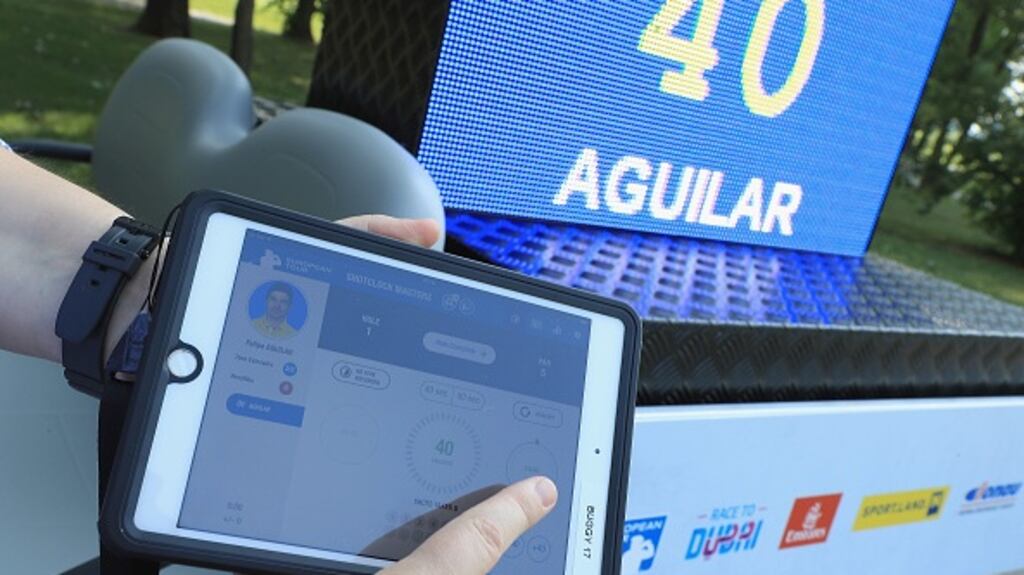 A referee tests the ‘Shot Clock’ system during the Pro-Am of the 2018 Shot Clock Masters at Diamond Country Club in Atzenbrugg, Austria. Photograph: Matthew Lewis/Getty Images