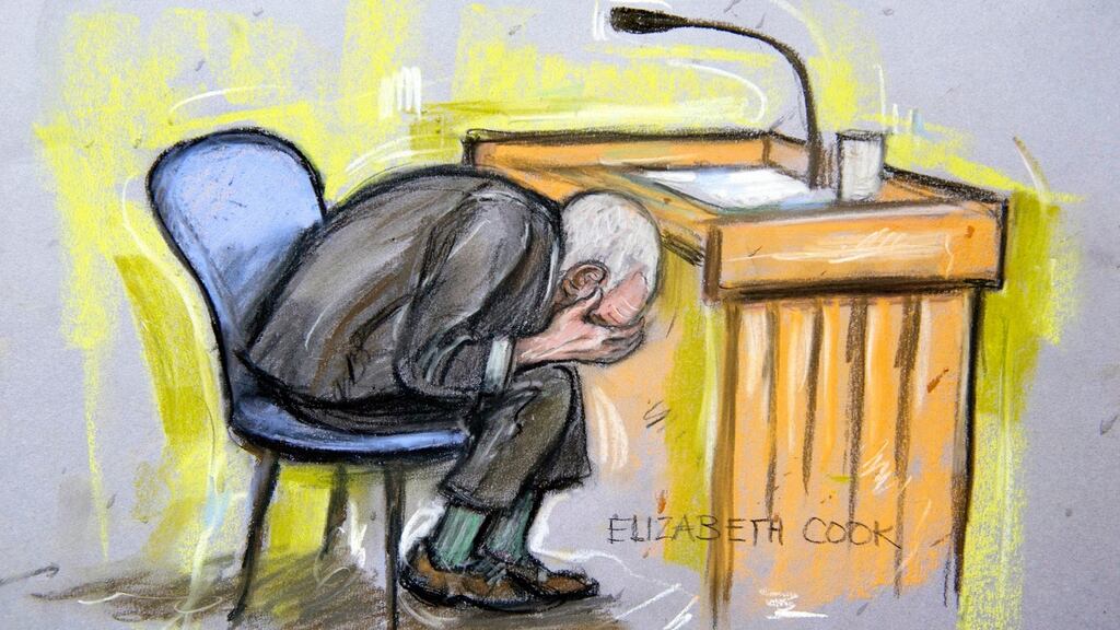 Court drawing of Mick Philpott in the witness box at Nottingham Crown Court where he is accused of killing his six children in a house fire. Photograph: Elizabeth Cook/PA