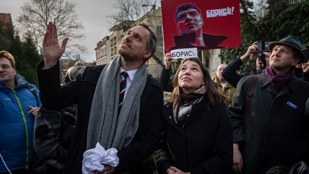 Zhanna Nemtsova, daughter of Boris Nemtsov, and Prague’s mayor Zdenek Hrib during the official event of renaming the square where the Russian embassy is placed after the murdered Russian opposition leader Boris Nemtsov on the 5th anniversary of his assassination on February 27th, 2020. Photograph: Gabriel Kuchta/Getty
