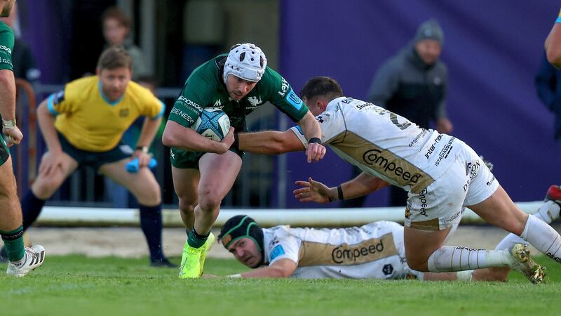 Hansen has displayed an exciting ability to beat defenders with ball in hand so far in his short Connacht career. Photograph: Bryan Keane/Inpho
