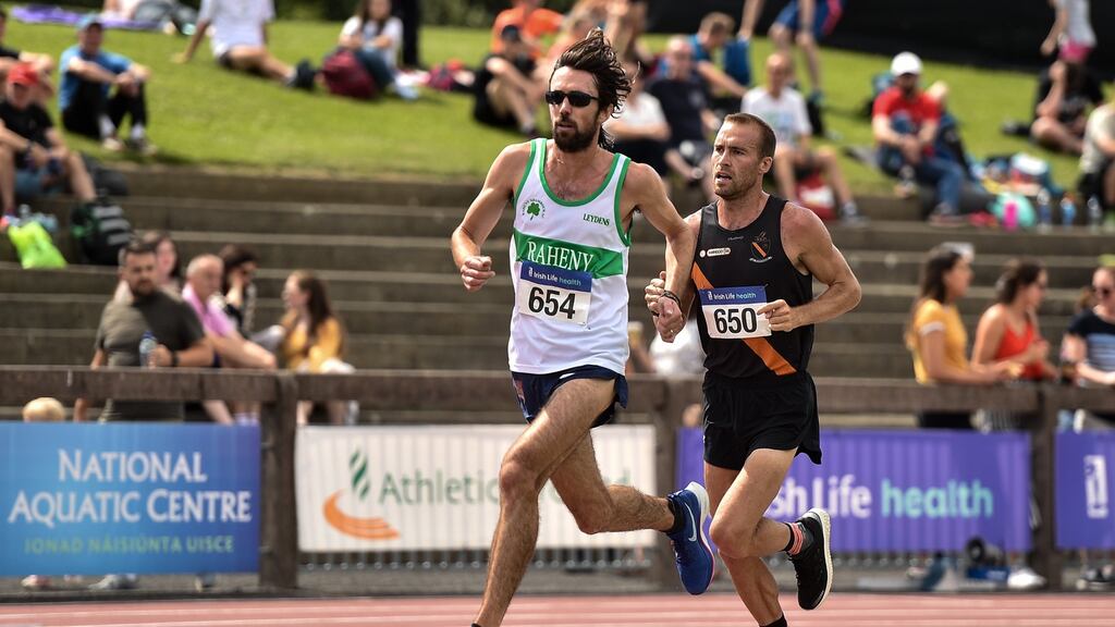 Stephen Scullion of Clonliffe Harriers (right) and Michael Clohisey of Raheny Shamrock AC in action during the men’s 10,000m during day one of the Irish Life Health National Senior Track & Field Championships at Morton Stadium in Santry. Photograph: Sam Barnes/Sportsfile