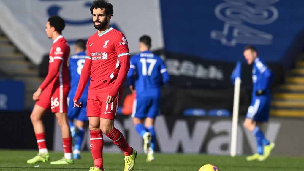 Liverpool’s Mohamed Salah during the Premier League match against Leicester City at King Power Stadium on Saturday. ‘We are champions and we will fight like champions, until the very end.’ Photograph: Michael Regan/Pool/AFP via Getty Images