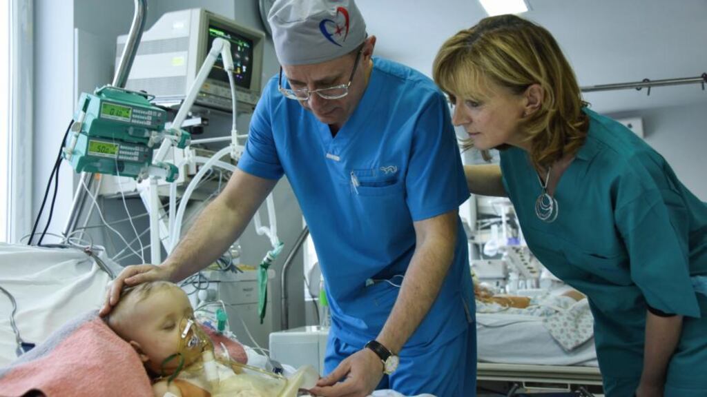 Adi Roche with Dr Igor Polivenok, of Kharkiv General Hospital, one of the international team of ‘flying doctors’ performing life-saving operations on critically-ill children in Kharkiv, eastern Ukraine