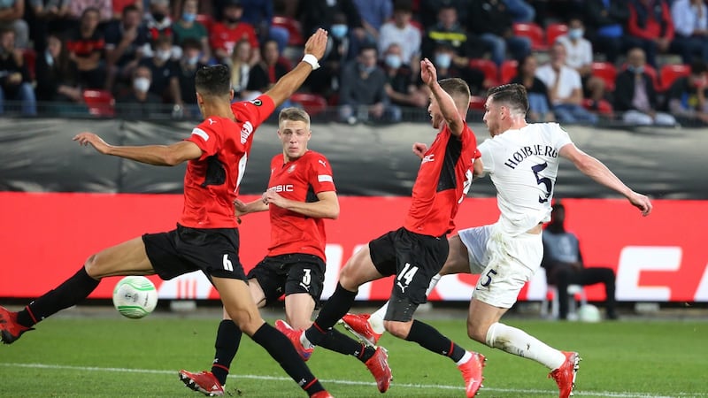 Pierre-Emile Hojbjerg scores Tottenham Hotspur’s second goal during the Europa Conference League match against Rennes at Stade Rennes. Photograph: John Berry/Getty Images