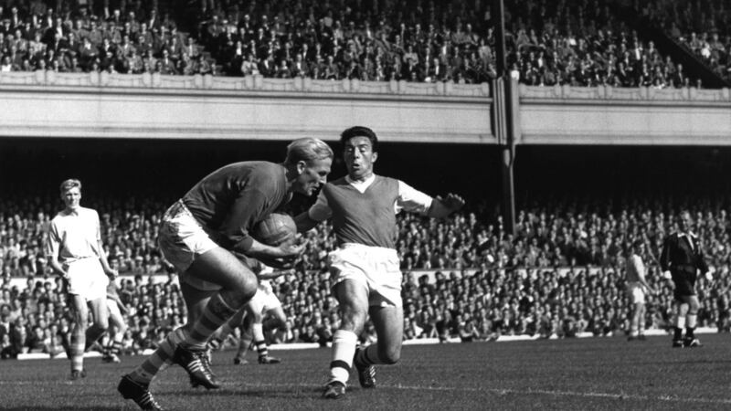 Bert Trautmann in goal for Manchester City during a game against Arsenal at Highbury in September 1958. Photograph:    Allsport Hulton/Archive