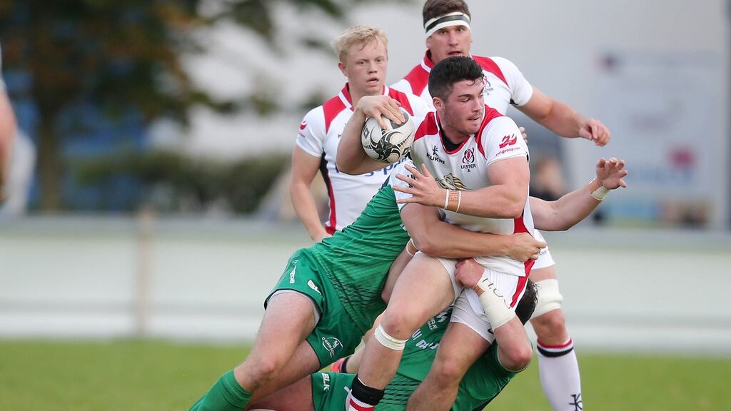 Ulster’s Sam Arnold is tackled by Connacht’s Ciaran Gaffney during an ‘A’ Interprovincial at Deramore Park in Belfast. Photograph: Darren Kidd/Inpho/Presseye/