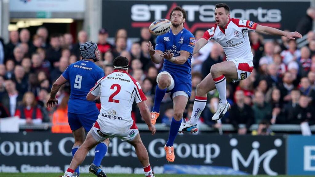 Leinster’s Zane Kirchner and Tommy Bowe of Ulster vie for possession at Ravenhill. Photograph: Dan Sheridan / Inpho
