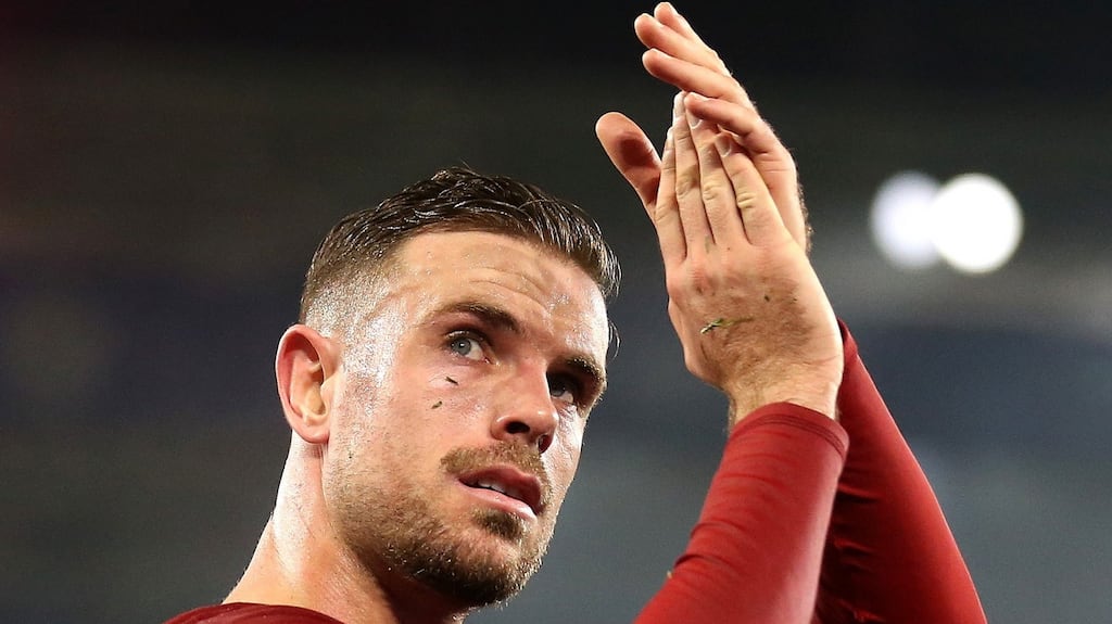 Jordan Henderson of Liverpool applauds fans as he leaves the pitch during their Premier League match against Leicester City at the King Power Stadium on Thursday. Photograph: Alex Pantling/Getty Images