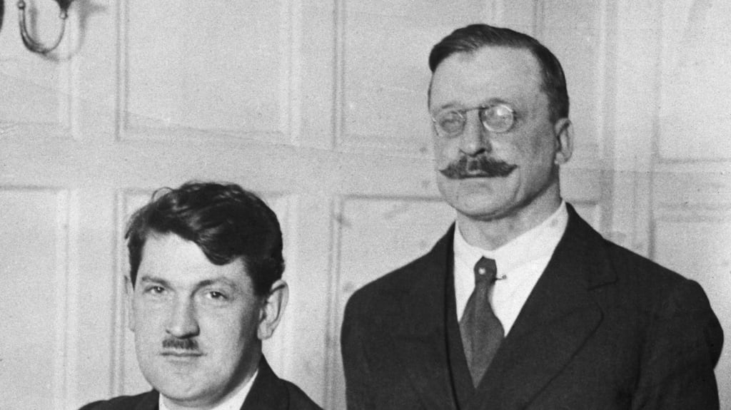 Michael Collins and Arthur Griffith during the treaty negotiations with the British government in 1921. Photograph: Topical Press Agency/Bettmann Archive/Getty Images