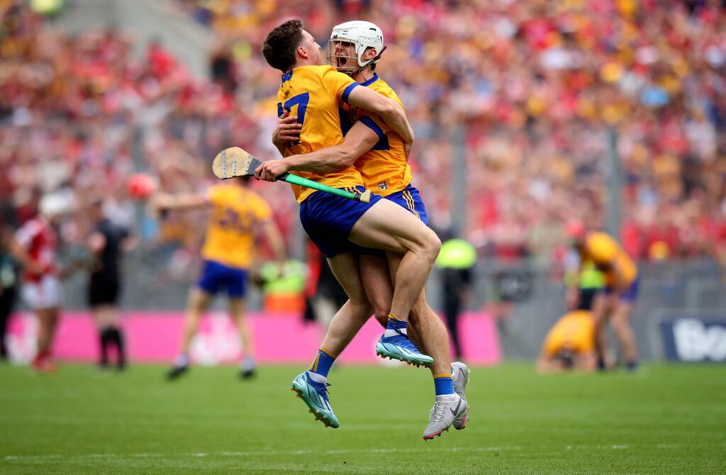 Clare’s Aidan McCarthy and Rory Hayes celebrating at the final whistle of the All-Ireland final in Croke Park. Photograph: Ryan Byrne/Inpho