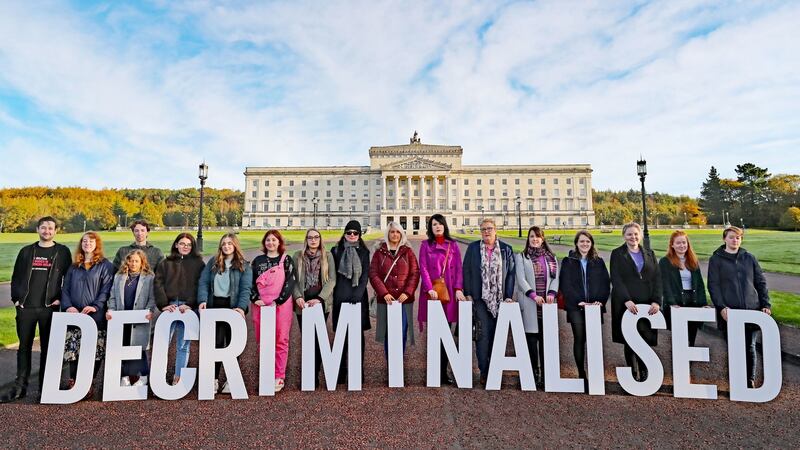 Pro-choice activists gather in the grounds  of Stormont  after the Assembly was recalled by MLAs wishing to protest at changes to abortion laws. Photograph: Niall Carson/PA Wire