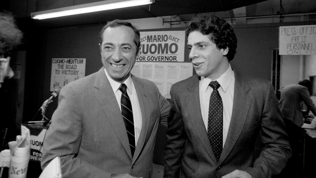 The New York politician Mario Cuomo, with his son Andrew in 1982, noted how politicians campaign in poetry, but govern in prose. Photograph: William E Sauro/ The New York Times