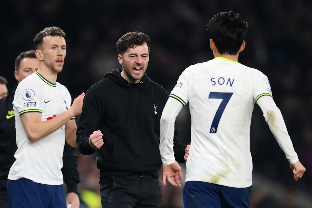 Interim Tottenham manager Ryan Mason celebrates with Son Heung-Min after he scored the equaliser during the Premier League game against Manchester United at Tottenham Hotspur Stadium. Photograph: Shaun Botterill/Getty Images