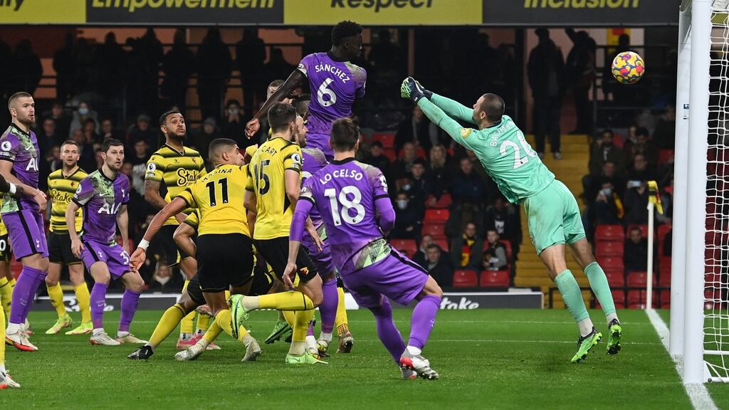 Davin Sanchez’s late header gave Spurs victory over Watford at Vicarage Road. Photograph: Glyn Kirk/Getty/AFP